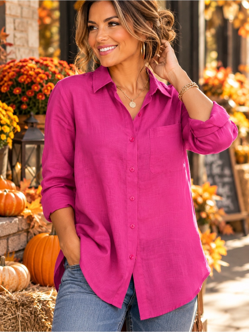 Chico’s No-Iron 100% Linen Button Down Shirt Hot Pink Size 1